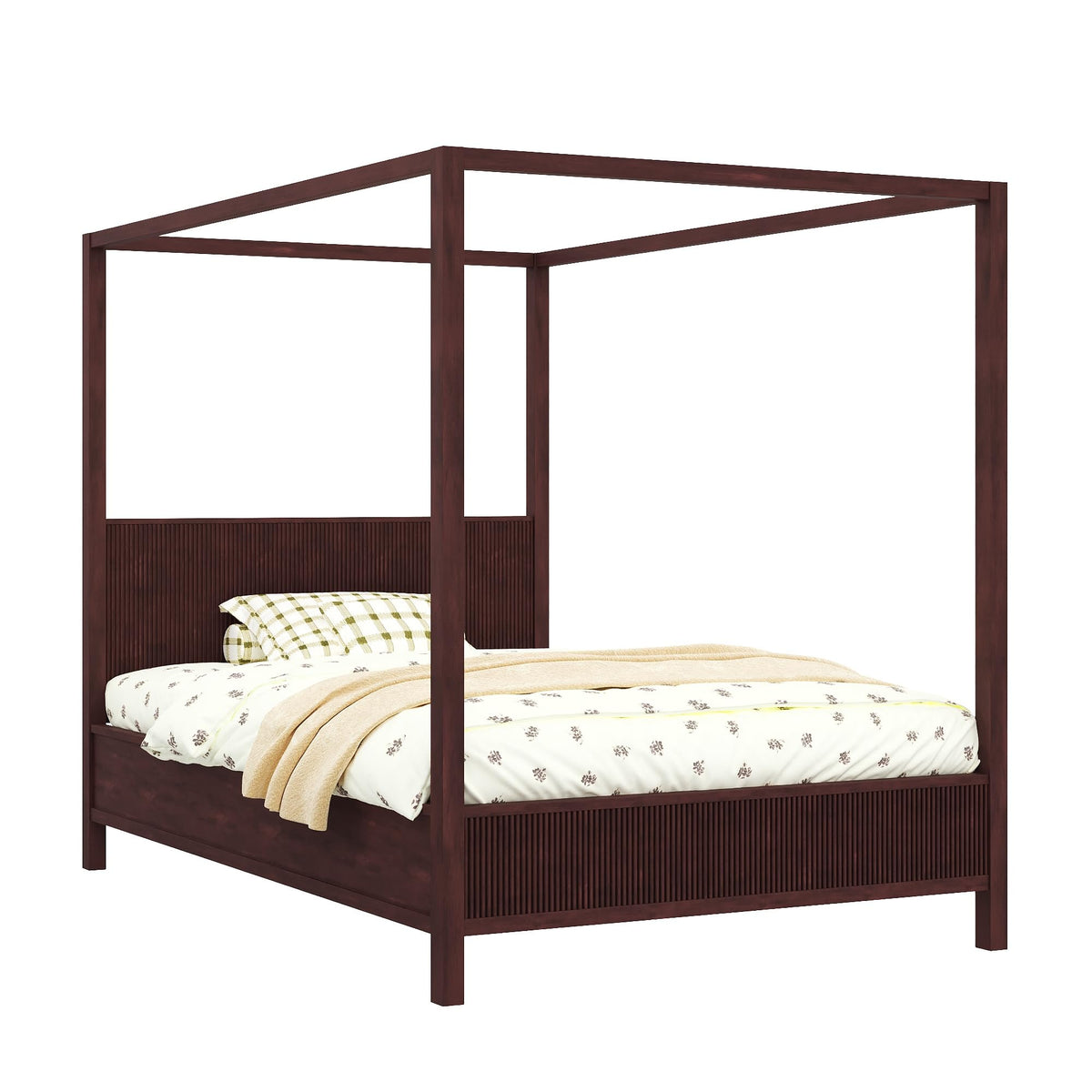 Espresso Solid Wood Canopy Bed Frame Queen Size with Headboard Four-Posters Bed, 6" Under Bed Storage Wooden Platform Frames, 12- Leg & 10-Slat Support, No Box Spring Needed (Espresso, Queen, 75.5"H)
