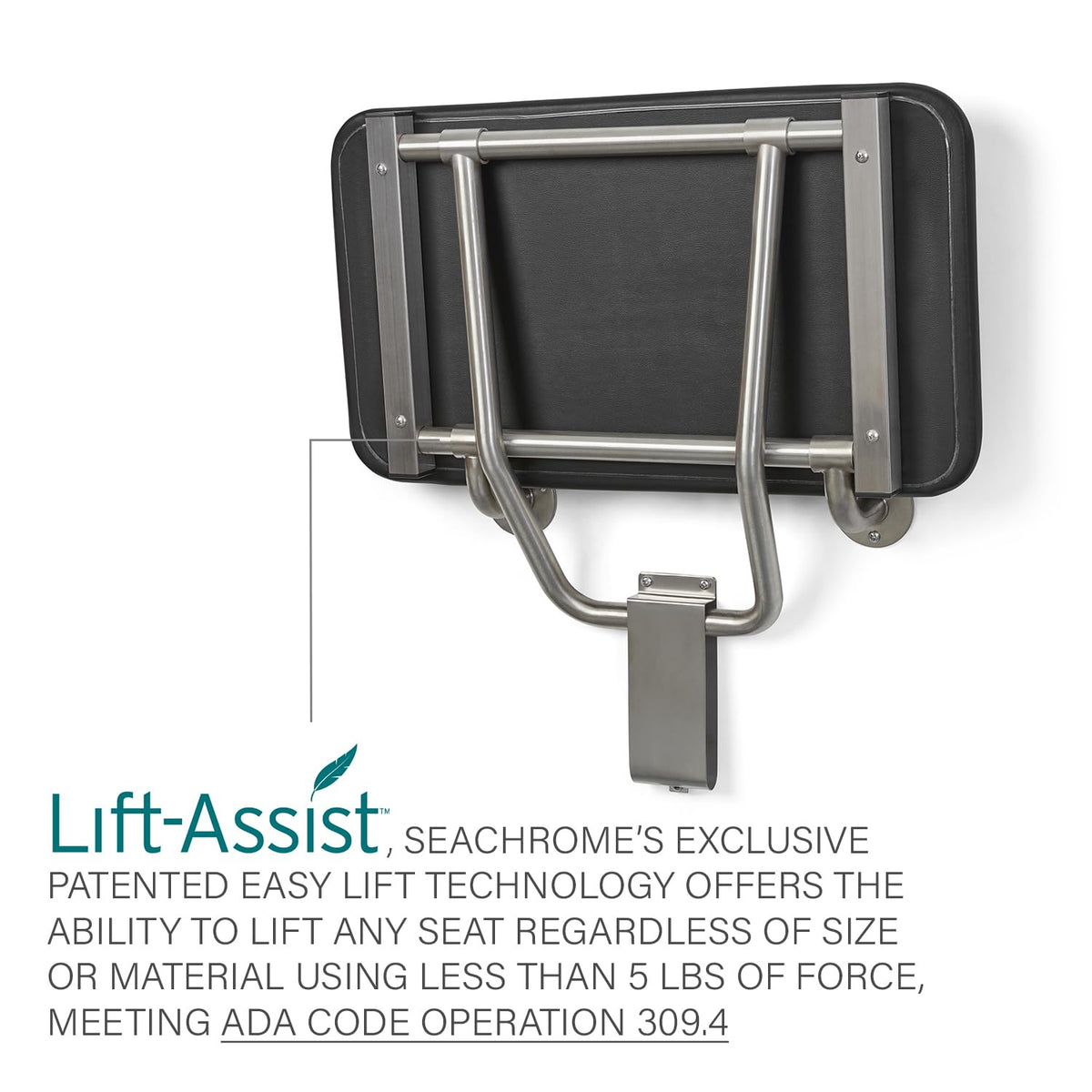 Seachrome 18" x 15" Black Padded Cushion Folding Wall Mount Bench Shower Seat, ADA Compliant