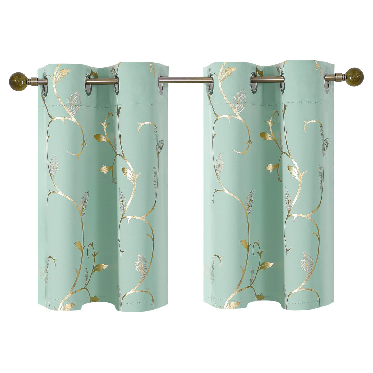 BUHUA Blackout Small Window Curtains for Kitchen and Bedroom Gold Foil Print Flower Grommet Short Thermal Insulated Room Darkening Curtains, Aqua, 26Wx36L, 2 Panels