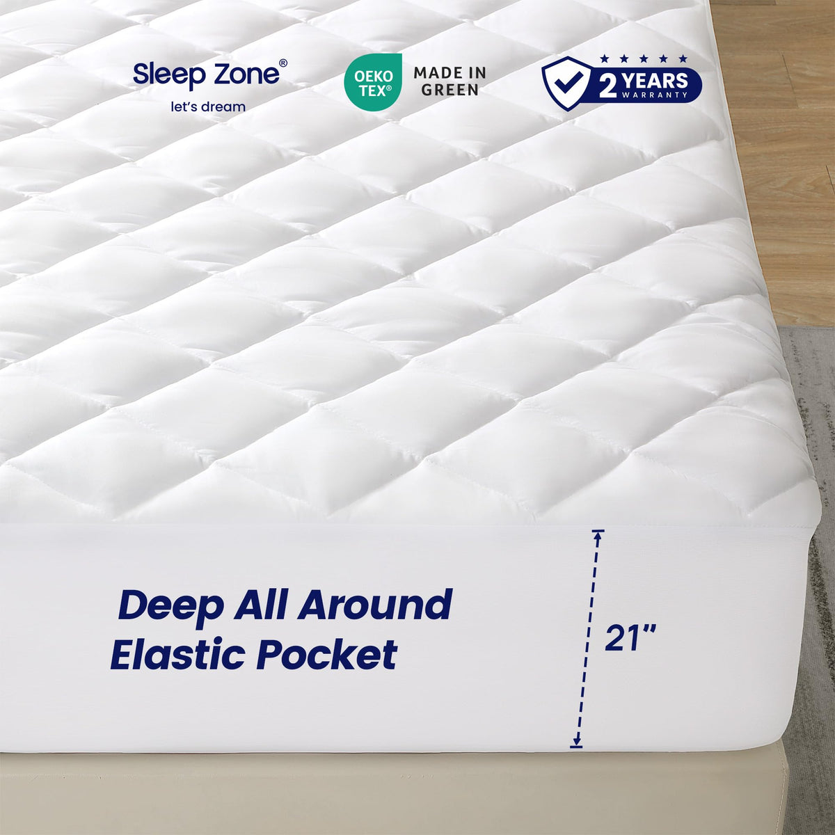 SLEEP ZONE Cooling Mattress Pad King Non Slip, Breathable Bed Cover with Down Alternative Filling Mattress Protector, Easy Washable (White, King, 78x80)