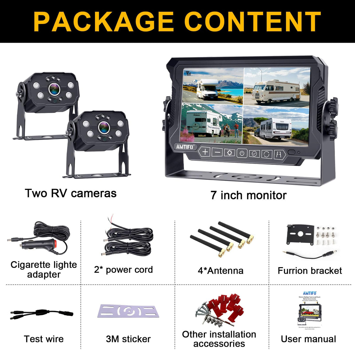 AMTIFO Wireless RV Backup Camera System - 2 HD 1080P Cameras with 7" Split-Screen Monitor,Compatible with Furrion Pre-Wired RVs,Loop Recording,Night Vision,Easy Install for Trailers Campers Trucks