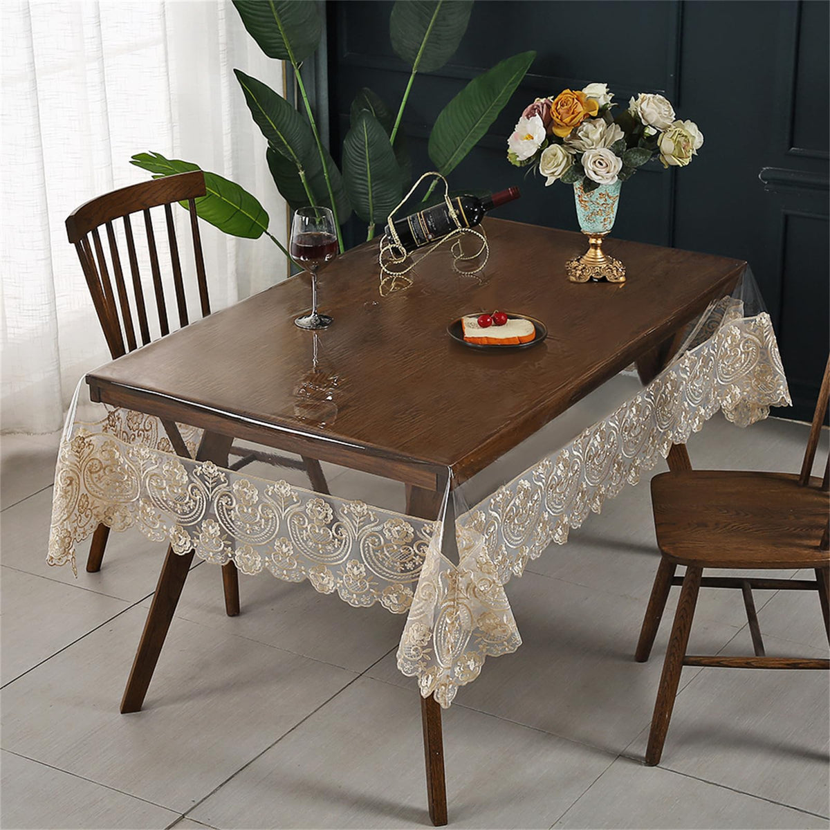 Clear Plastic Rectangle Tablecloth Vinyl Waterproof Table Cloth Embroidered Lace Edge Transparent Table Cover for Dining Kitchen Outdoor(60 x 86 inch, Coffee Style 1)