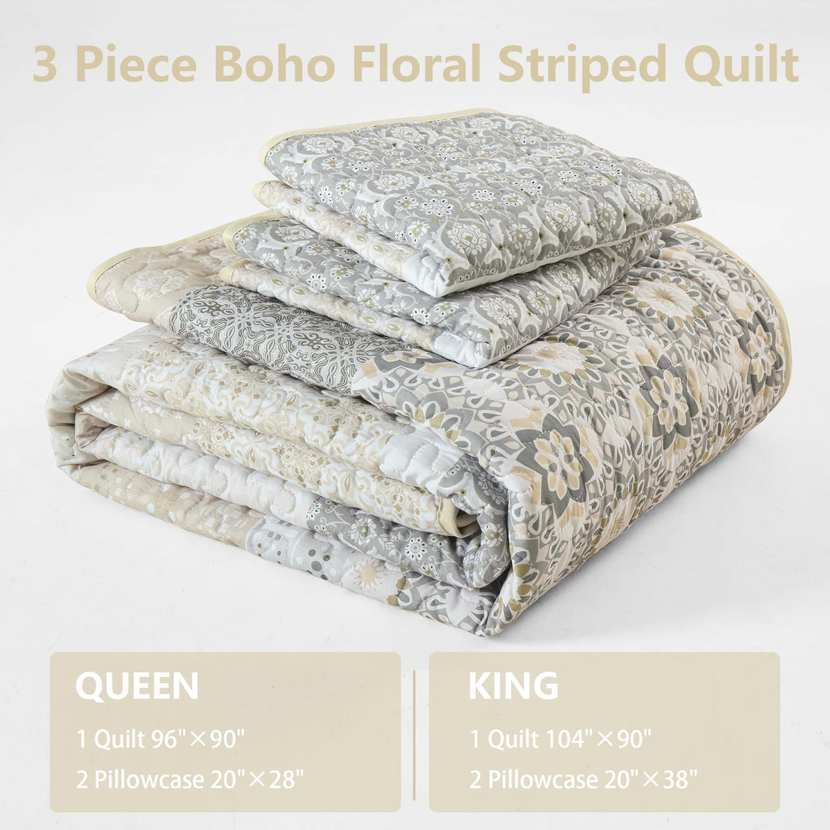 WONGS BEDDING Boho Quilt Set Queen Size,Beige Bohemian Striped Patchwork Bedspread Set,3 Pieces Microfiber Bedding Set for All Seasons (96"x90")
