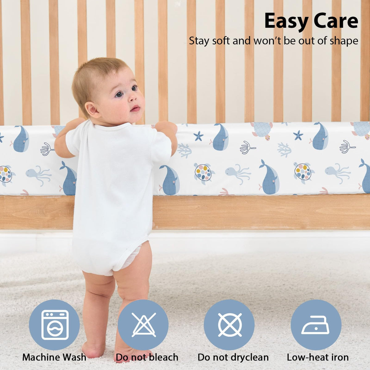 FIEMOL Baby Crib Sheets for Boys and Girls, 3 Pack Toddler Bed Sheets for 52”x28” Standard Toddler Mattresses, Soft Microfiber Fitted Crib Sheets Neutral Blue Ocean Whale