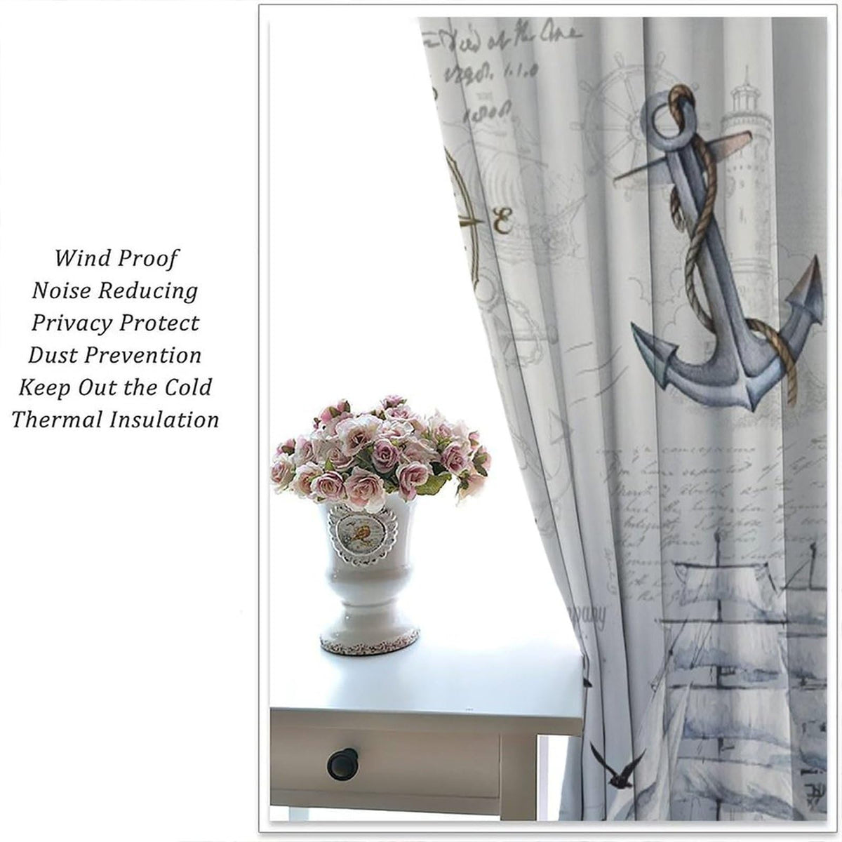 Nautical Curtains for Kitchen Vintage Blue Ocean Beach Retro Sailboat Map Rustic Lighthouse Compass Scene Print Windows Treatments for Kids Boys Bedroom Living Room Bathroom 42x44.5In(No Blackout)