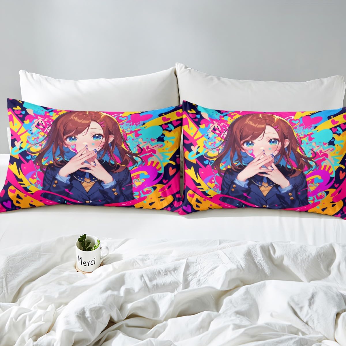 Erosebridal Anime Girl Twin Bedding Set, Japanese Anime Comforter Set 3 Piece for Kids Girls Teens Adult Bedroom Decor, Cartoon Girl Quilt Kawaii Japanese Animation Bedding Comforter Sets