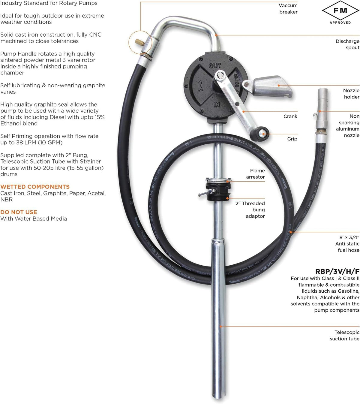 Groz Industrial Rotary Fuel Pump, FM-Approved Cast Iron, 3-Vane, 38 LPM/10 GPM, 8 ft Anti-Static Hose, Aluminum Nozzle, Vacuum Breaker & Flame Arrestor, 2 in Bung, Fits 15-55 Gal Drums (44082)