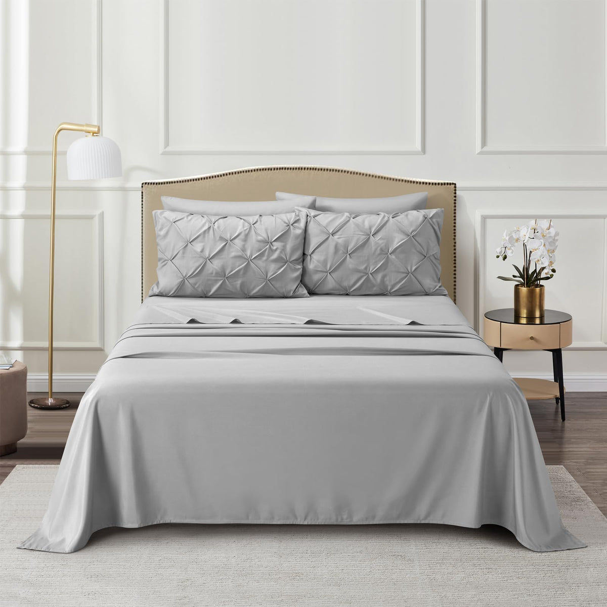 AiMay 6 PC Sheet Pillowcase Set Deep Pocket Double Brushed Microfiber Soft Durable Solid Color Wrinkle Free 1 Flat Sheet 1 Fitted Sheet 2 Pillowcases 2 Pinch Plated Pillowcases(Light Gray, Queen)