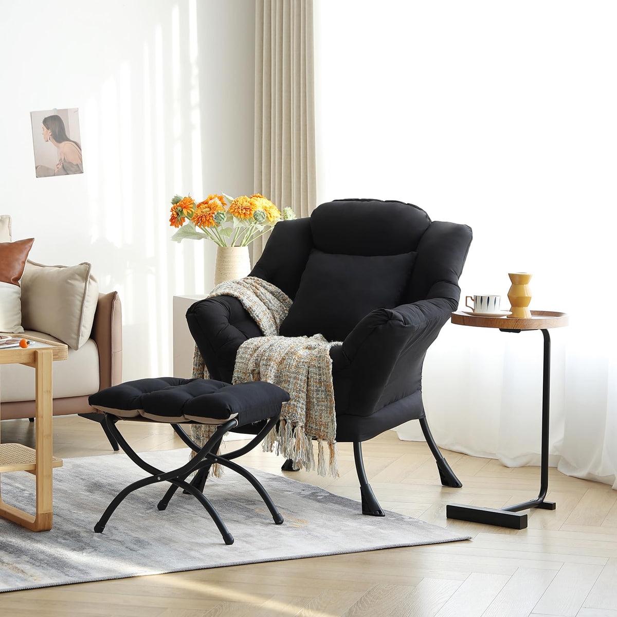 YOTATING Lazy Chair with Ottoman, Comfy Reading Chair with Footstool & Pillow Modern Lounge Chair with Armrests & Side Pocket for Living Room, Bedroom, Dorm Room,Black