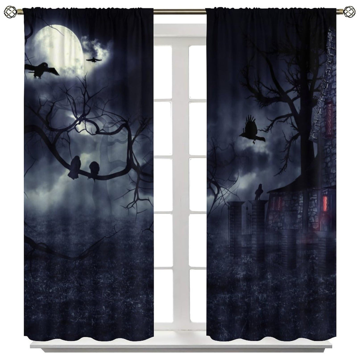 DDCBNS Gothic Curtains,Dark Forest Crow Black Raven Window Treatments for Bedroom Living Room Kitchen Horror Halloween Window Drapes 2 Panel Set,Total Size 42 x 45 Inch