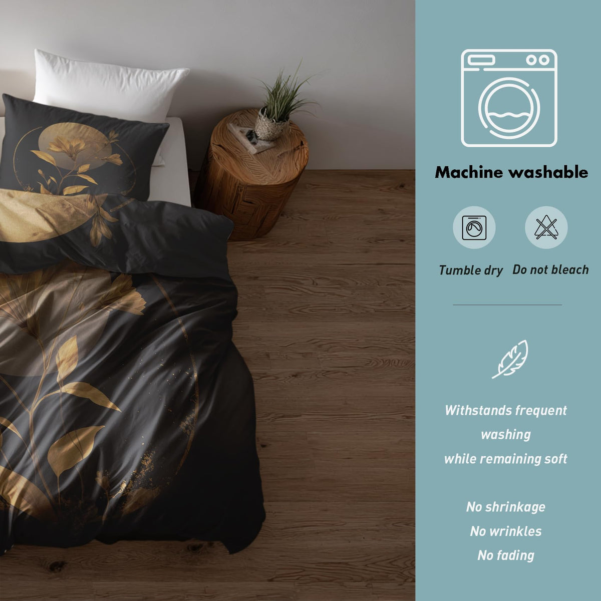 Golden Floral Moon Full Duvet Cover Set 3 Piece, Black Flower Reversible Bedding with 2 Pillow Shams, Zipper & Ties, Ultra Soft Microfiber, Floral Bedroom Decorations 69A-R