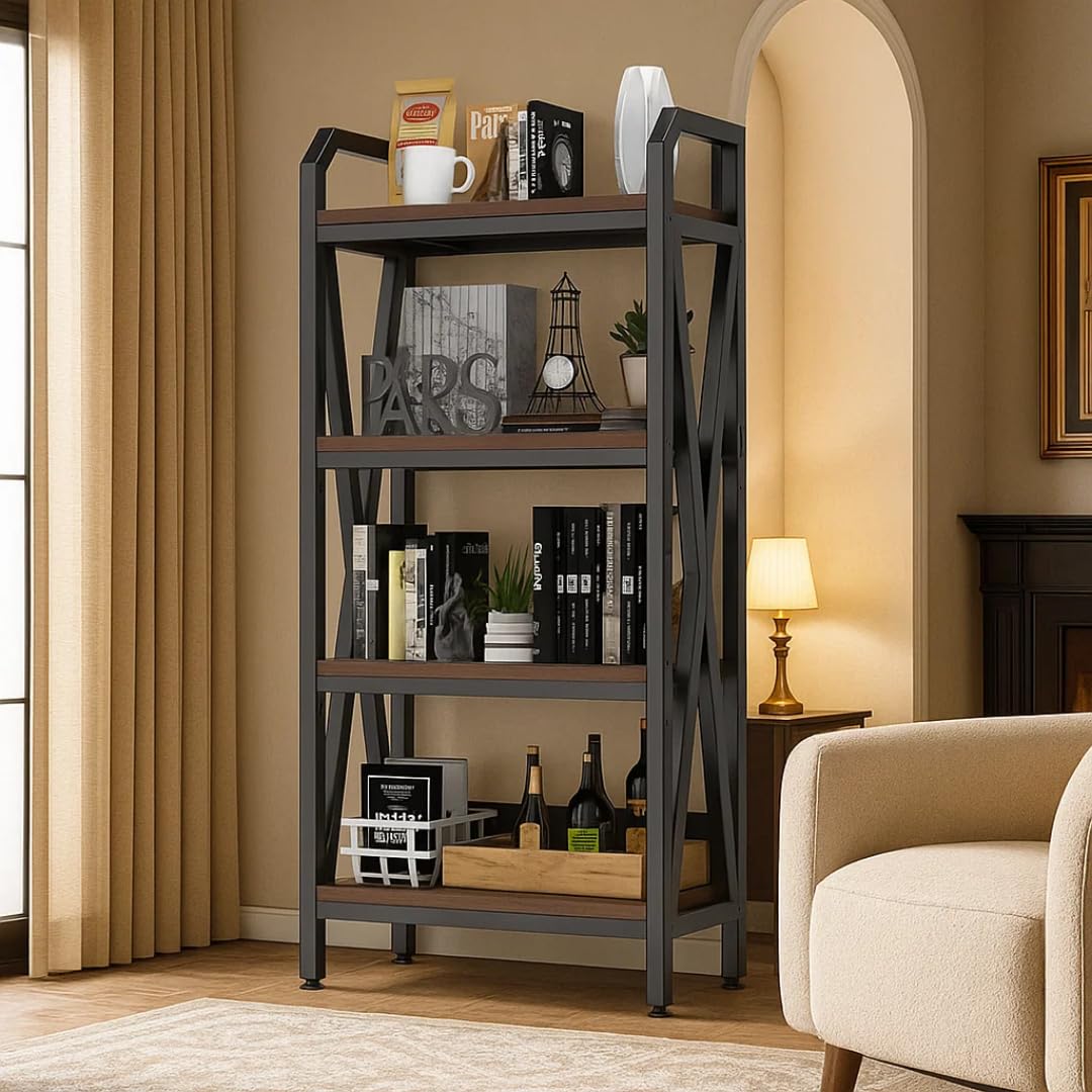 flowmultiply 4-Tier Bakers Rack Storage Shelf β Metal & Wood Kitchen Organizer with Adjustable Shelves, Rustic Industrial Shelf for Pantry or Office (15.8" L Γ 25.6" W Γ 56.3" H)