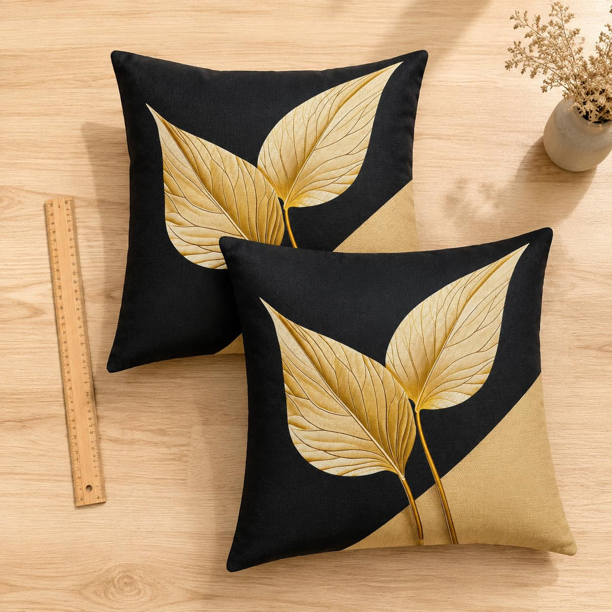 avpdupu Floral Pillow Covers 18x18 Inch Linen Set of 2 - Black and Gold Pattern Throw Pillow Covers for Sofa, Decorative Cushion Covers for Living Room and Outdoor Use