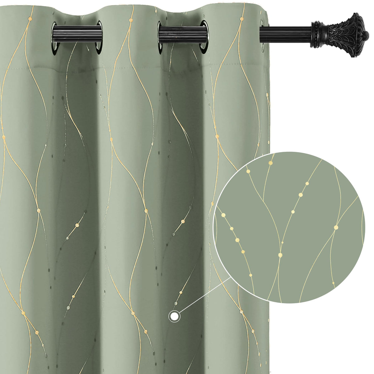 BUHUA Blackout Curtains Gold Foil Print Wave Line and Dots Grommet Drapes, Room Darkening Thermal Insulated Curtains, Noise Reducing Curtain for Bedroom, Sage Green, 52Wx84L, 2 Panels