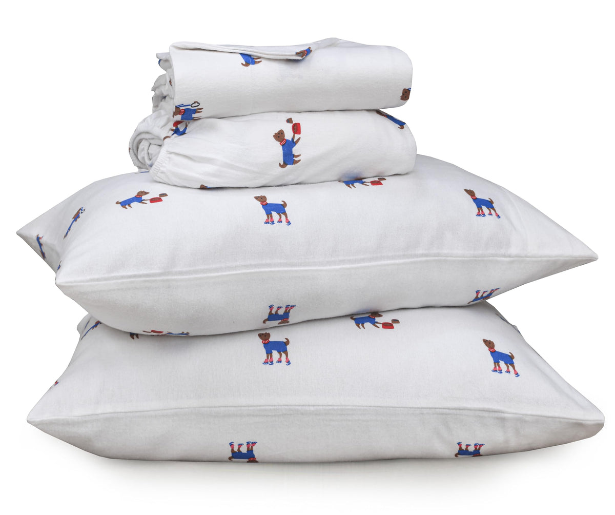 RUVANTI Flannel Sheets Queen Size - 100% Cotton Double Brushed Bed Sheets, Deep Pockets 16 Inches Queen Sheet Set, All Seasons Breathable & Extra Soft - Warm & Cozy, 4 Piece, Puppy Playoff