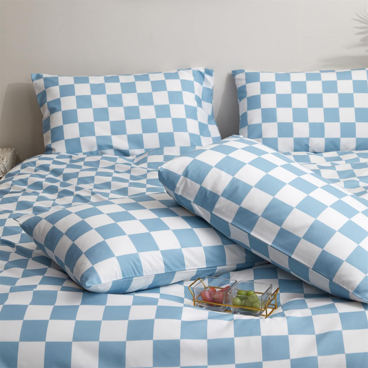 CLOTHKNOW Blue White Plaid Queen Duvet Cover Set 3Pcs Grid Bedding Sets Checkerboard Comforter Cover Sets with 2 x Pillowcases