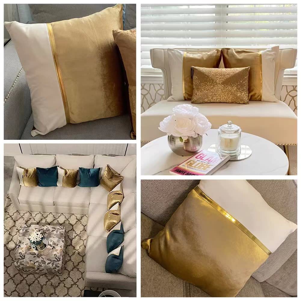 Fancy Homi 4 Pack Gold Decorative Throw Pillow Covers 18x18 Inch for Living Room Couch Bed Sofa, Velvet Patchwork with Gold Leather, Luxury Home Decor Square Cushion Case 45x45 cm