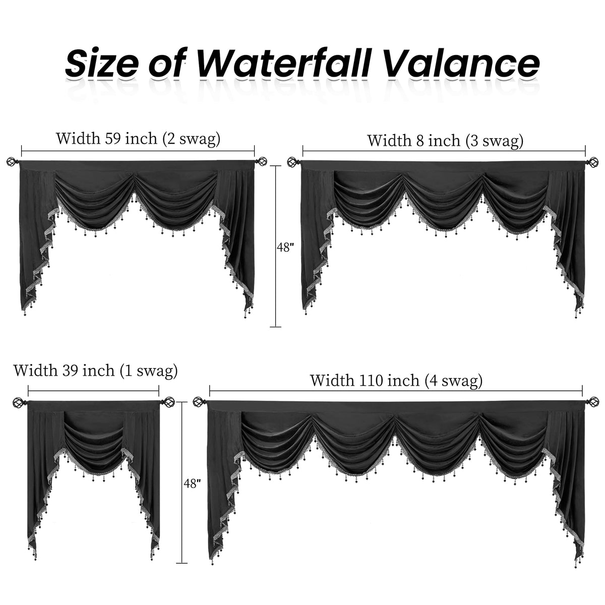 Phating Velvet Waterfall Swag Valance for Bedroom, Valances with Tassels for Living Room Rod Pocket Valances (1 Panel, Grey, W39 inches)