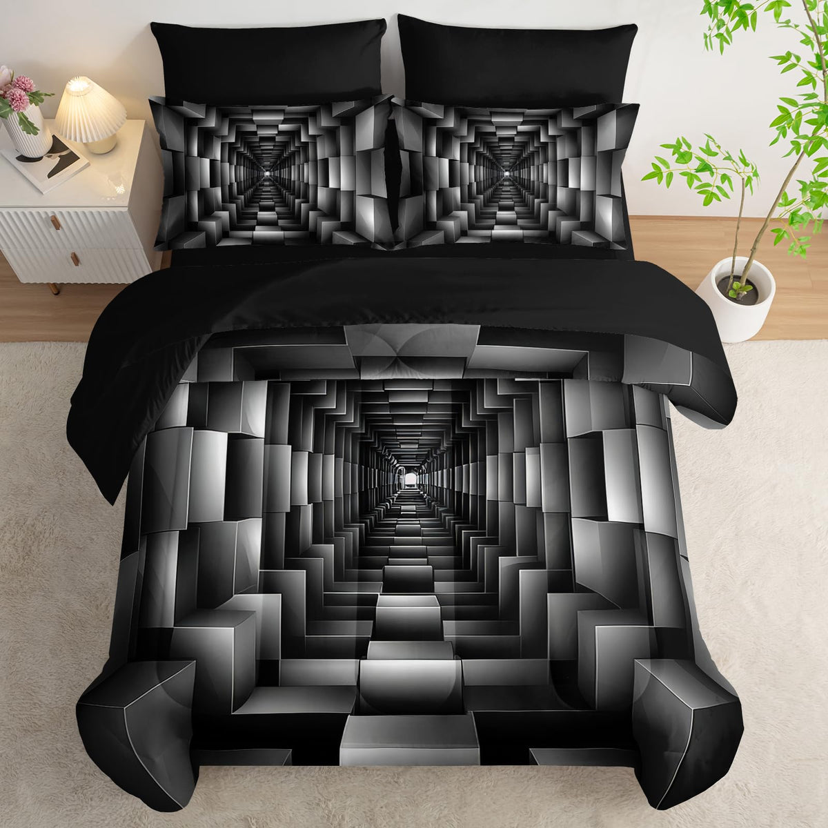 lneffble 7 Piece Black and White Checkered Comforter Set Queen,Geometric Bedding Set Boys,Geometric Bedroom Decor,(1 Comforter, 1 Flat Sheet, 1 Fitted Sheet, 2 Pillowcase and 2 Pillow Sham)