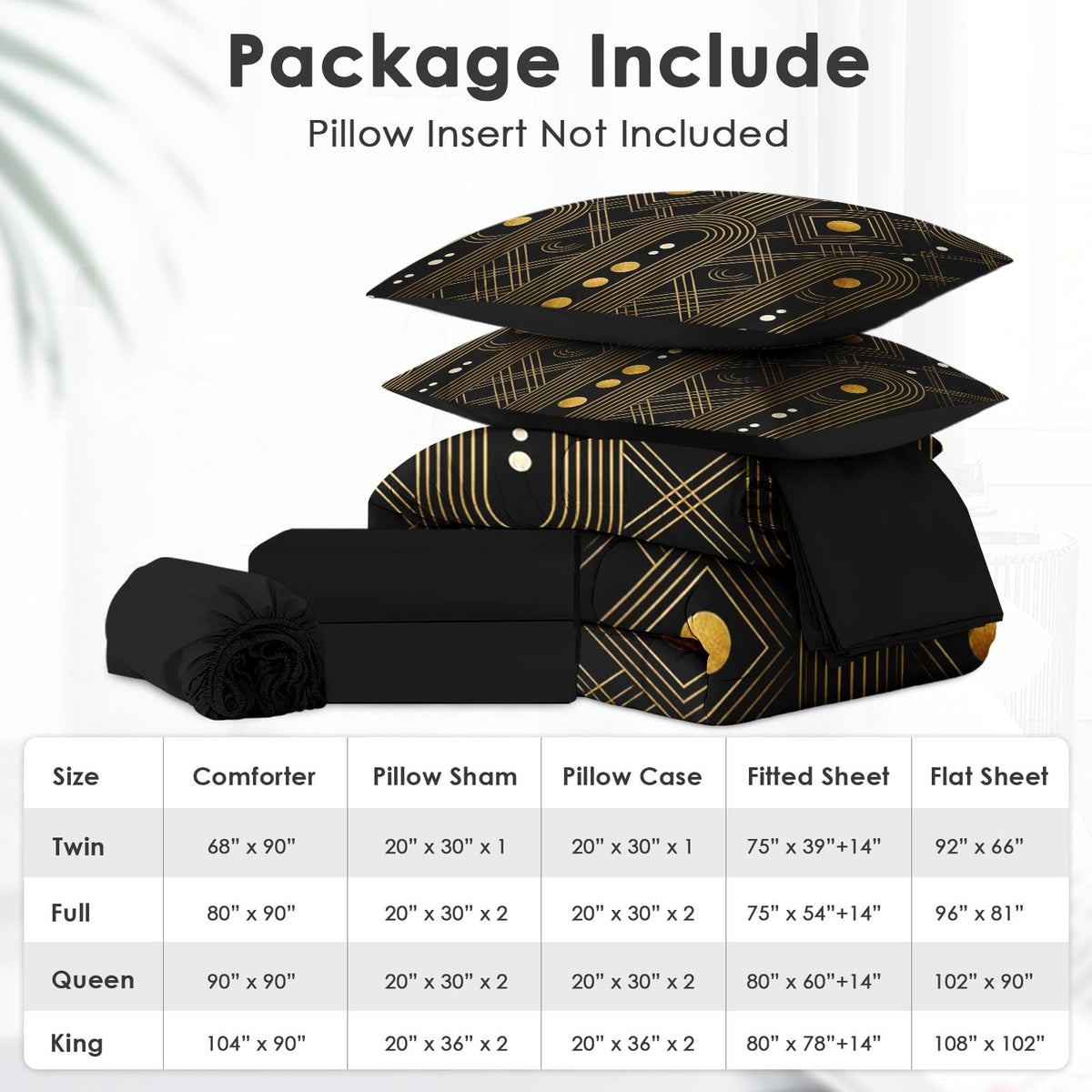 Boewywh Comforter Set Twin Size Geometric Gold Black 7 Pcs, Bedding for Kids and Adults, Retro Modern Bed Sheet Sets with Fitted Sheet 2 Pillowcases & 2 Shams for Bedroom Bed Decor