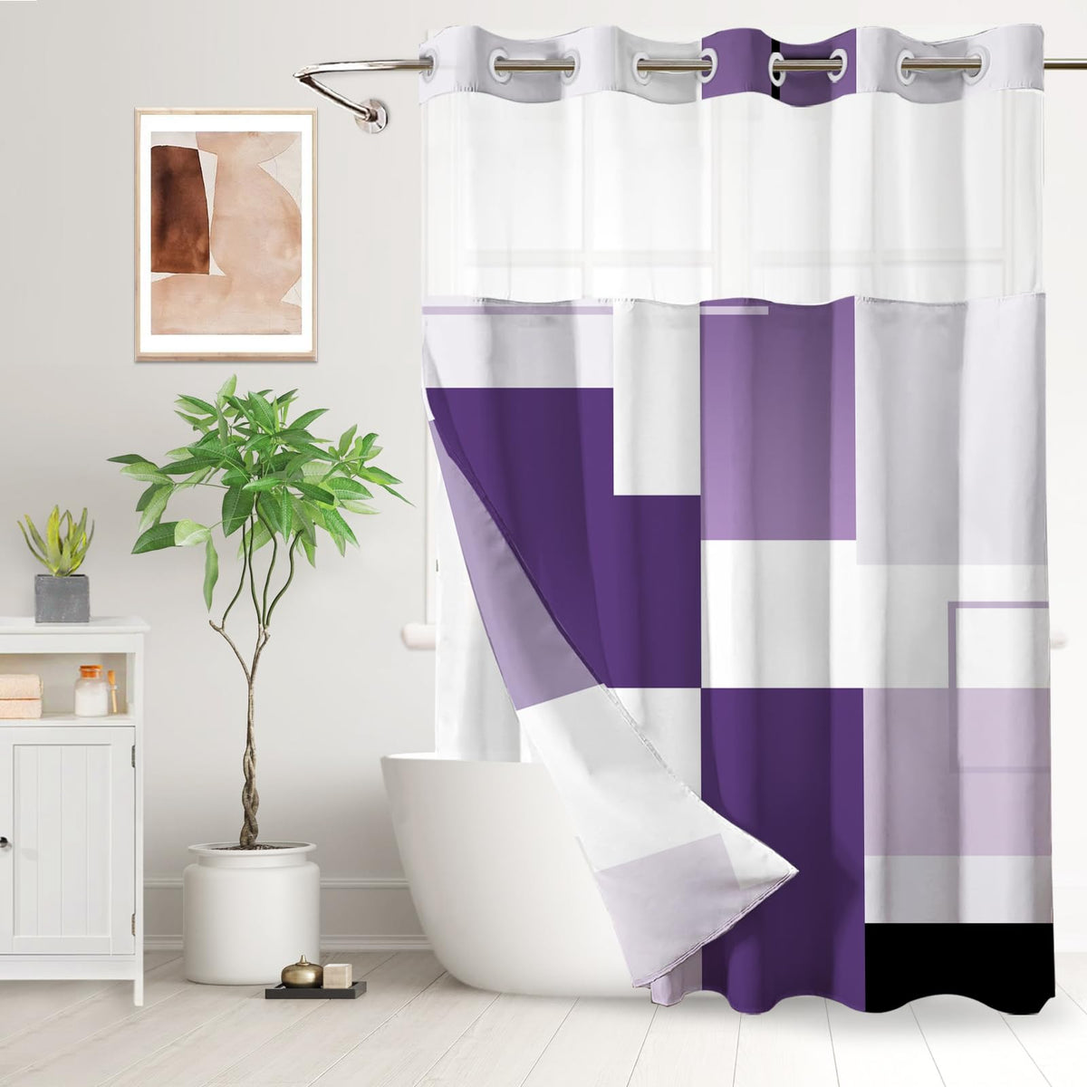 Purple Hookless Shower Curtain Set with Snap in Liner, Purple White Bathroom Decor, 71x74 Inches, Geometric Bathroom Curtain with Liner and See Through Top Window