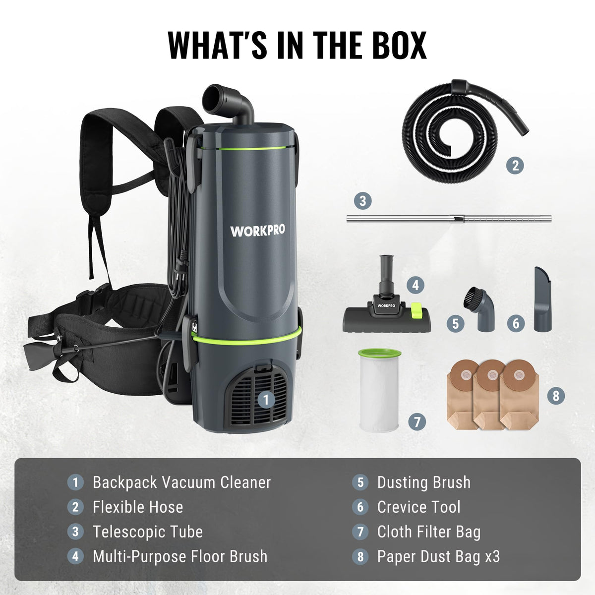 WORKPRO Commercial Backpack Vacuum Cleaner, 6-Quart, 1200W Motor, Lightweight with 23-Foot Long Cord, Portable Vacuum Backpack for Stairs, Carpet and Hard Floors