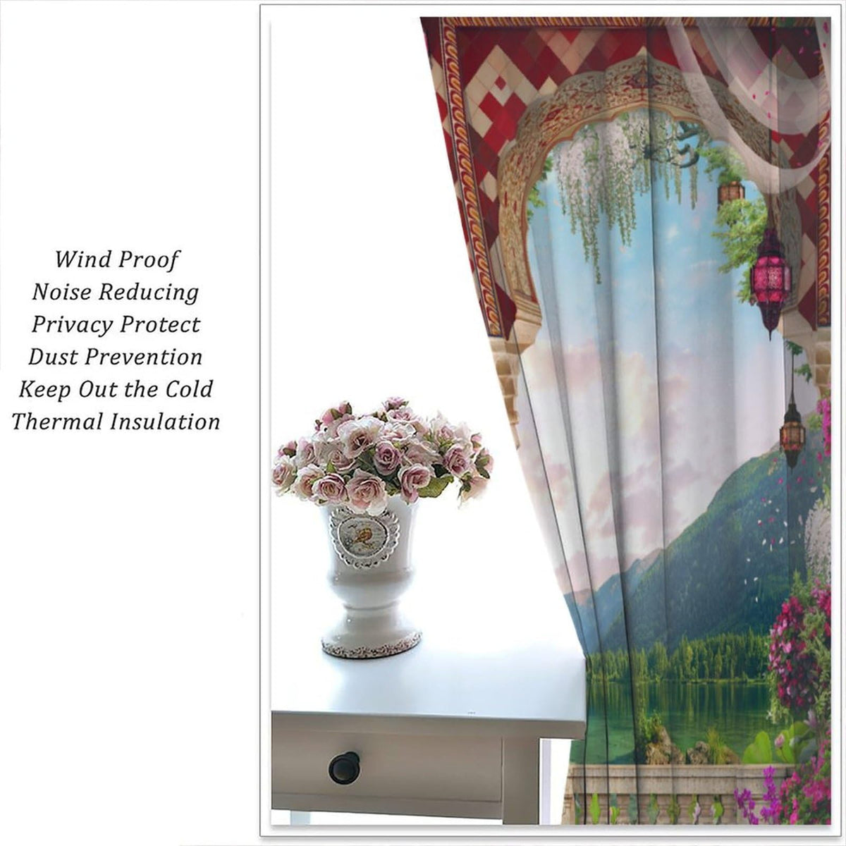 Italian Landscape Curtains for Kitchen Garden Waterfall Lake Nature Scenery Print Pattern Decorative Window Treatments for Bedroom Living Room Bathroom 41x44.5in(No Blackout)