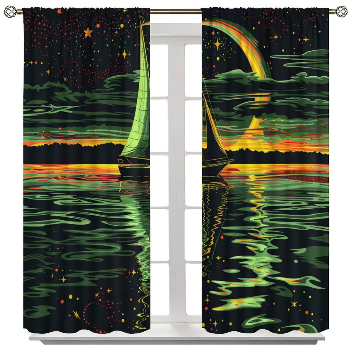 TOWINSFB Coastal Star Moon Sailboat Blackout Curtains for Living Room Bedroom, Night Scenery Nautical Ocean Window Curtains Rod Pocket Thermal Insulated Window Drapes, 2 Panels, Each 21" W x 45" L