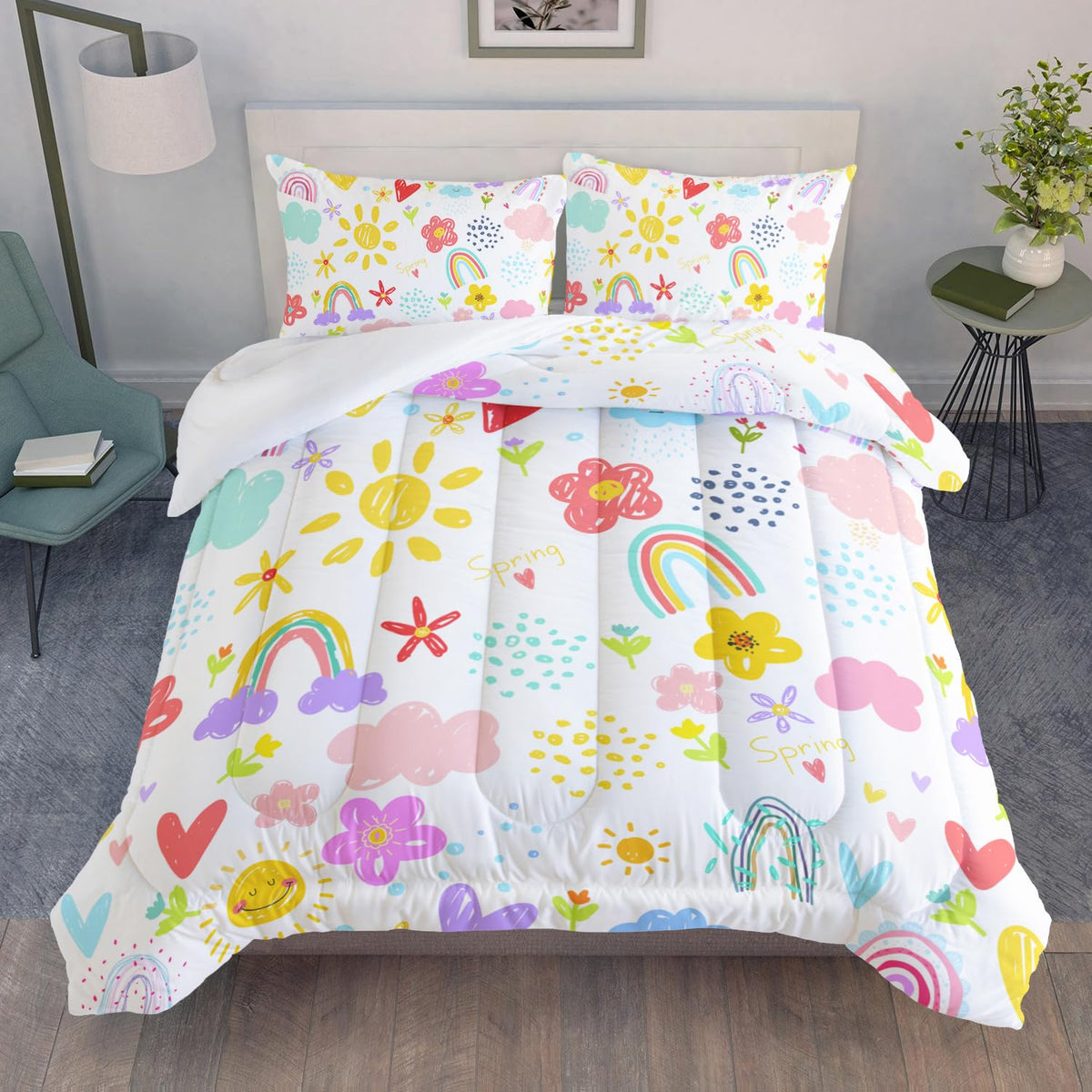 XYNHML Colorful Rainbow Comforter Graffiti Cute Sun Flowers Bedding 3Pcs Full Cartoon Hearts Cloud Pattern Quilt Set for Kids Teens Girls Boys Raindrop Bed Set with 1 Comforter and 2 Pillowcases