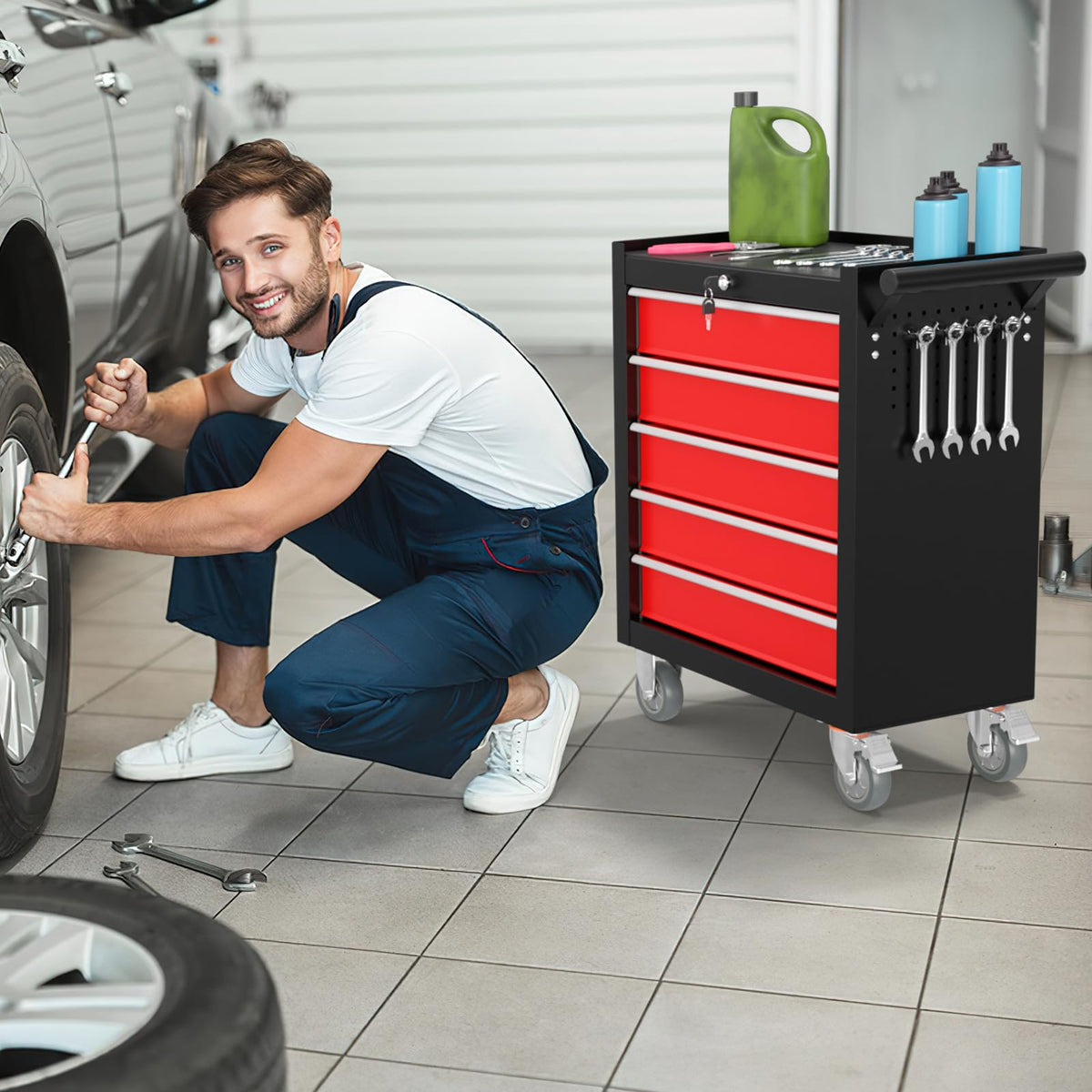 Granper 5-Drawer Rolling Tool Chest, Tool Box with 4 Wheels and Drawers, High Capacity Detachable Mobile Tool Storage Cabinet for Garage, Workshop, Mechanics and Repair Room (Blackred)