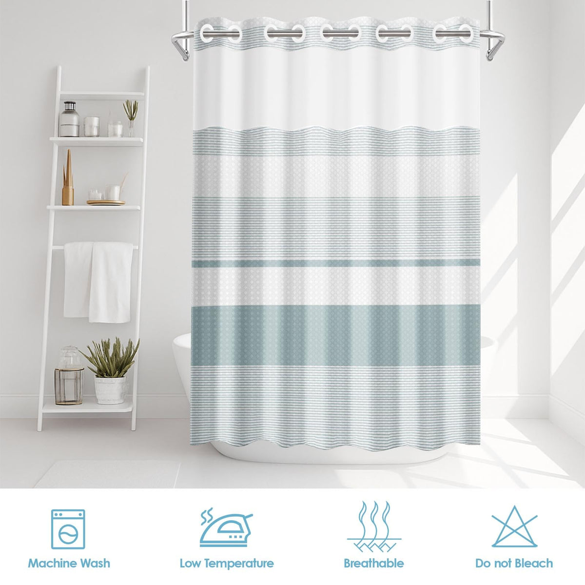 Nesphy No Hook Shower Curtain with Snap in Fabric Liner Set, Teal Striped Waffle Weave Ombre Heavy Duty Bathroom Curtain Set Sheer Mesh Top Waterproof Double Layers Hotel Style, 71x74 Inch