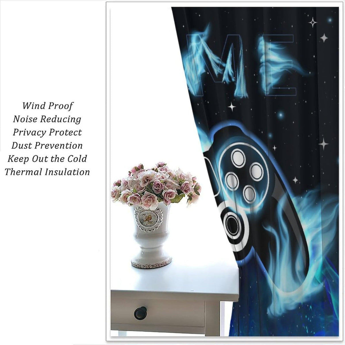 wlsgdsg Blue Gamer Curtains for Boys,Fantasy Cartoon Flame Video Computer Gamepad Starry Window Treatments Print for Kids Teenage Bedroom Living Room 41x44.5in(No Blackout)
