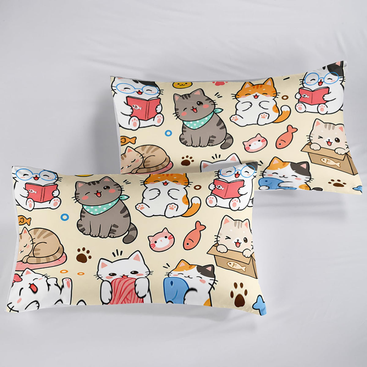 QOOMO Kawaii Kids Sheets Twin Size,Cat 16" Deep Pocket Bed Sheet Set,Cartoon Cat Printed Bedroom Decor Sheet Set Soft and Breathable for Girls/Kids/Teens,Twin