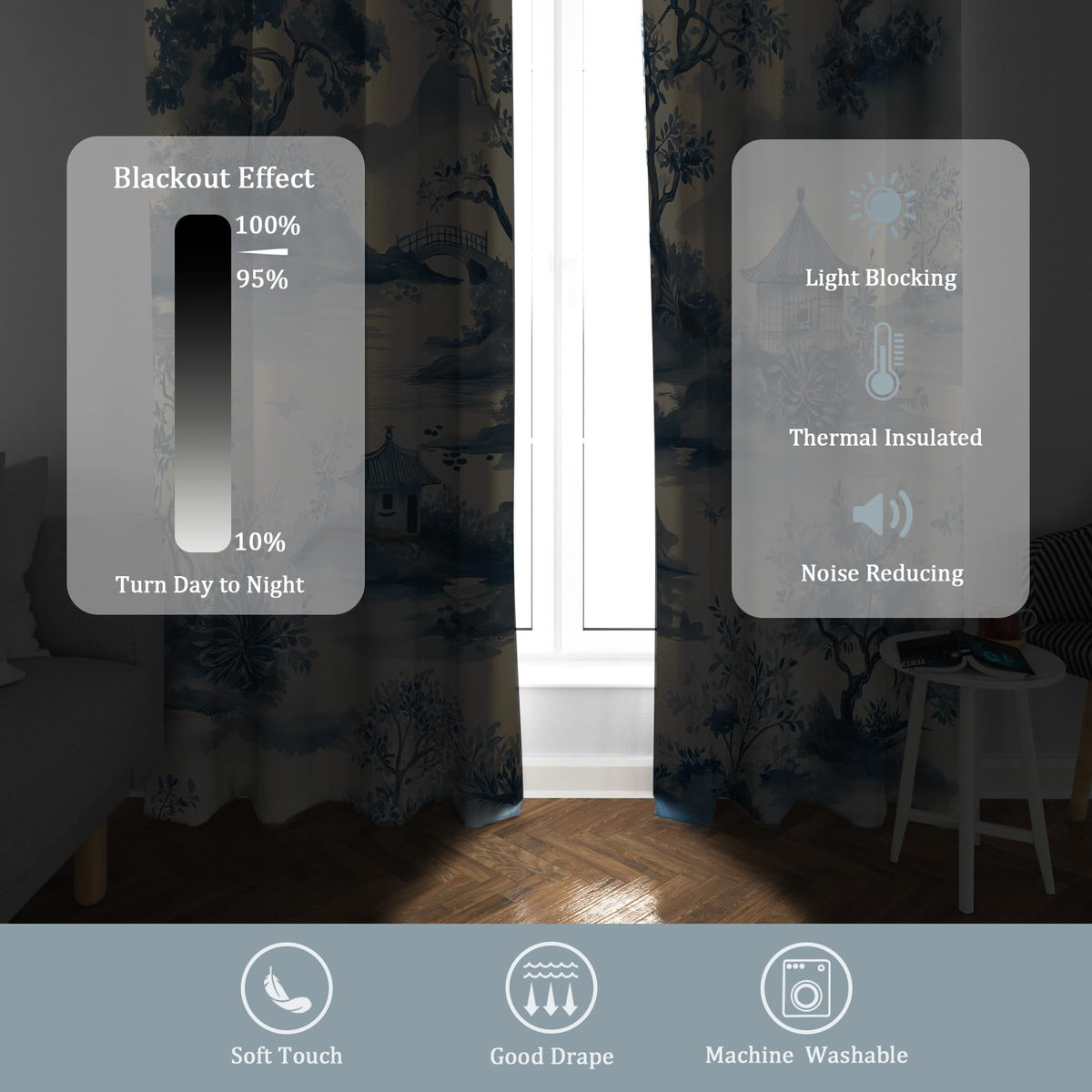Chinese Asian Curtains for Bedroom Kitchen, 39 Inch 2 Panels, Chinoiserie Landscape Printed Pattern, 95% Blackout Window Drapes for Living Room, Chinese Home Decor, Grommet Top GR41