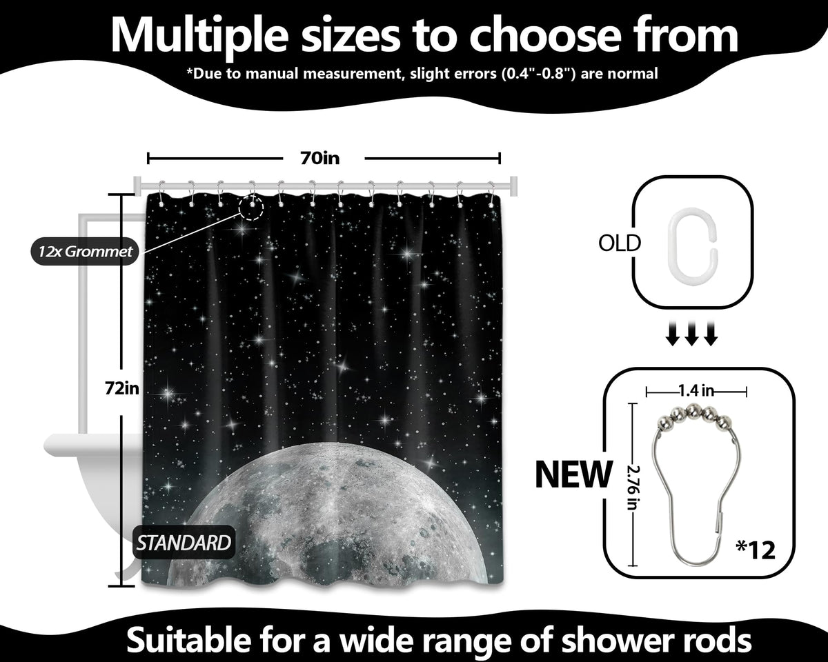 Tonmue Star Moon Shower Curtain Space Night Sky Galaxy Black and White Shower Curtains for Bathroom Decor, Waterproof Cloth Fabric with Hooks 70" W x 72" L