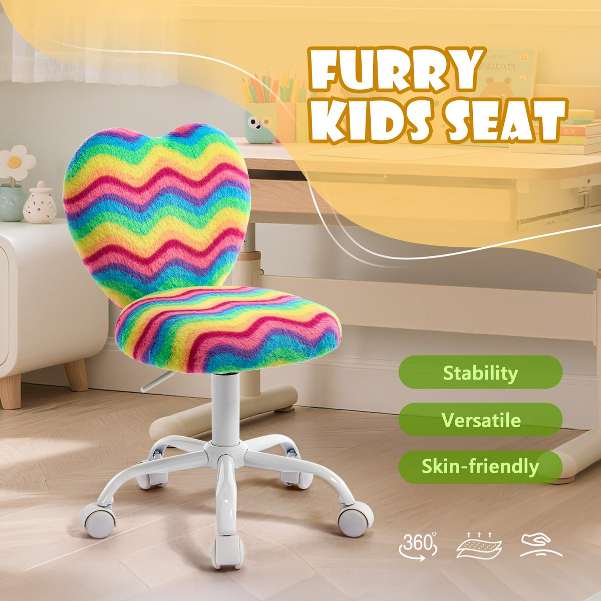 Lessmore Heart Kids Desk Chair,Girls Desk Chairs,Comfy Swivel Computer Chair for Girls Room, Fluffy Kids Office Chair for Reading & Vanity,Rainbow