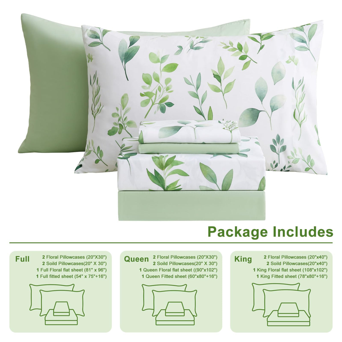 Botanical 6-Piece King Size Sheets Set, Boho Floral Print Brushed Microfiber Sheets, Cooling Bed Sheet Set, Ultra Soft & Breathable, 16' Deep Pocket Fitted Sheet & Pillowcase Set, Sage Green Leaves