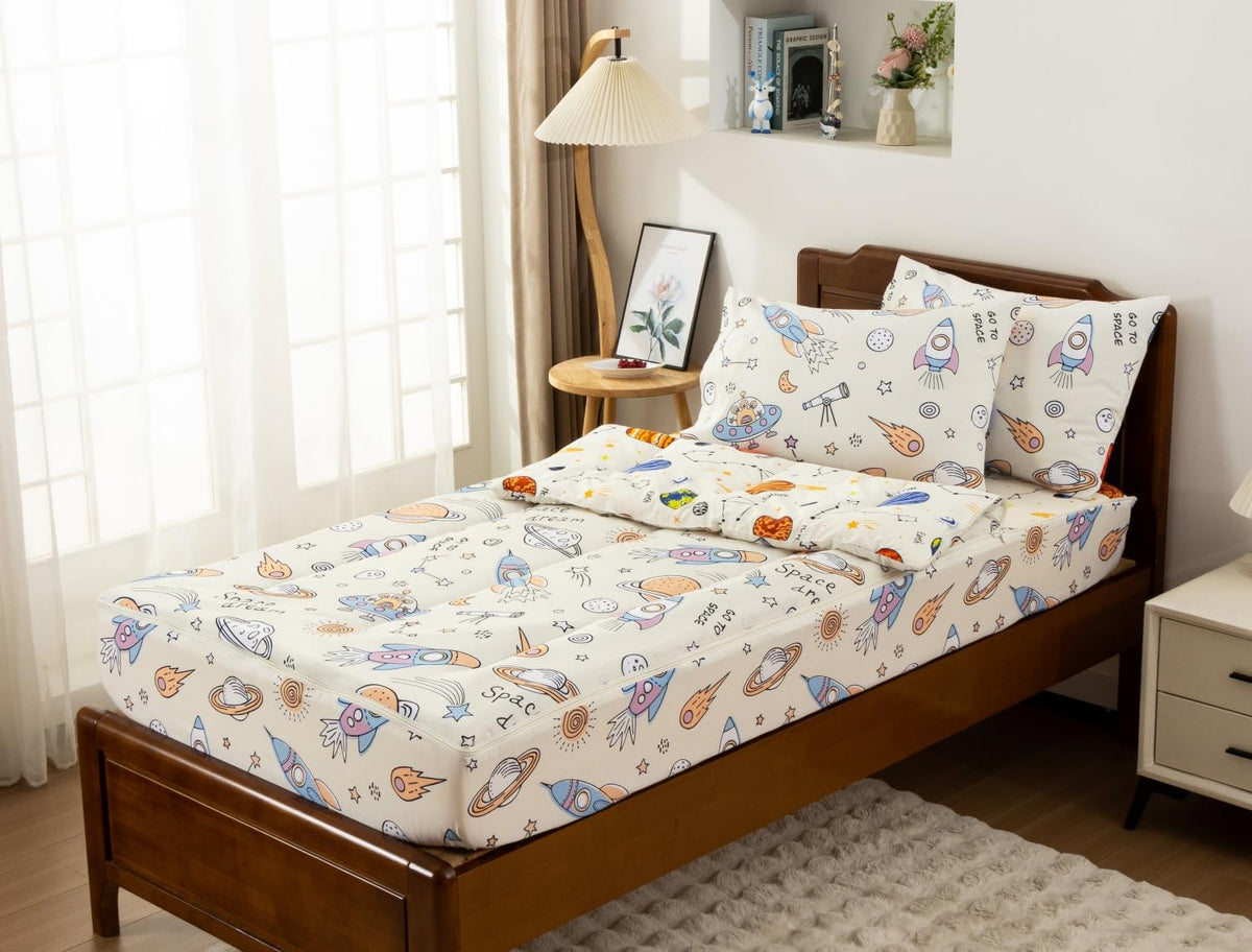 Meeting Story 3pcs Kids Comforter Set Zipper Bedding Set,Twin Space Bedding Set Comforter Set for Kid,All in one Zipper Bedding(Beige,Twin)