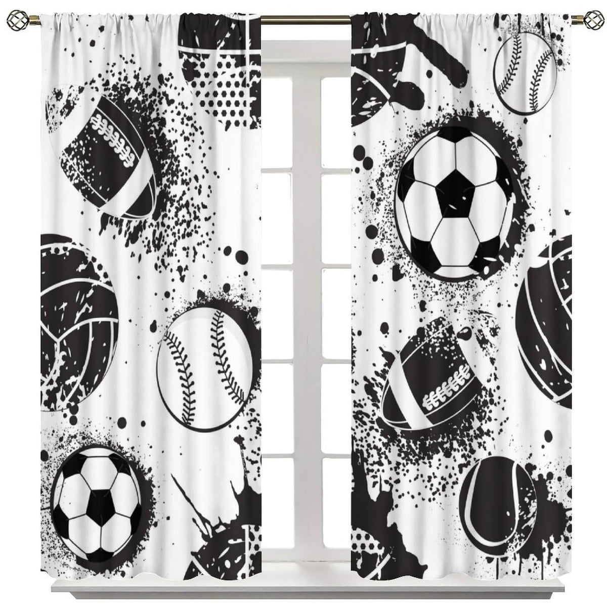 Sports Themed Curtains for Boys Abstract Basketball Football Black White Grunge Window Treatments for Teens Girls Bedroom Living Room Décor Drapes 2 Panel Sets Total Size 42" x 45"