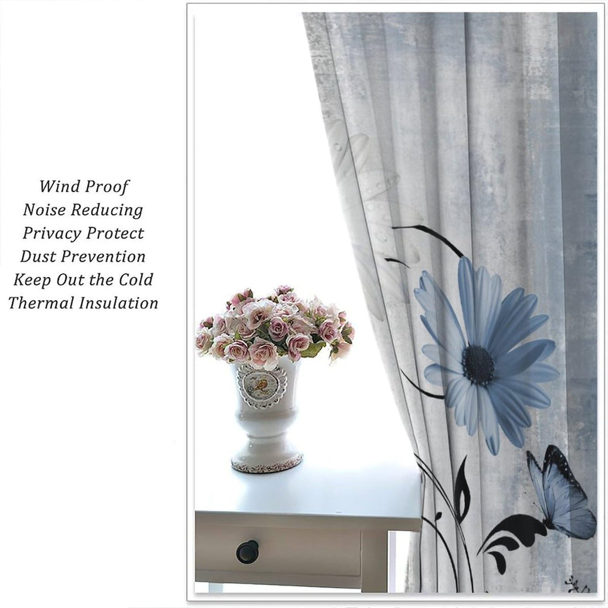 AAVEUP Blue White Daisy Curtains for Kitchen Farmhouse Modern Flower Retro Floral Spring Butterfly Rural Country Style Window Treatments Print for Girls Bedroom Living Room 42x45in(No Blackout)