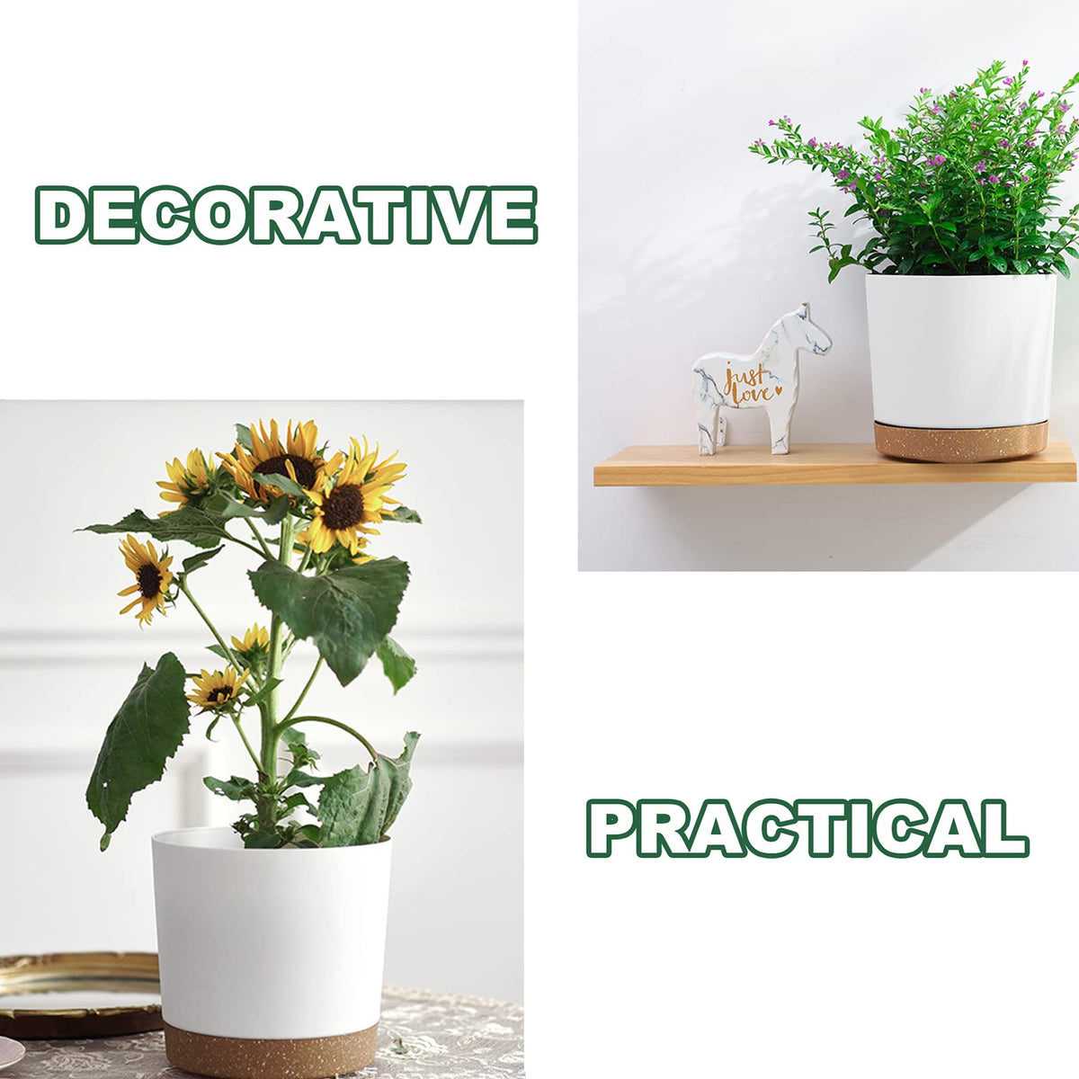 kubvici 2 Pack 8 Inch Planters for Indoor Plants, Plastic Flower Pots Plant Pots Indoor with Drainage Saucer for Outdoor Garden Home Plant, White 8”