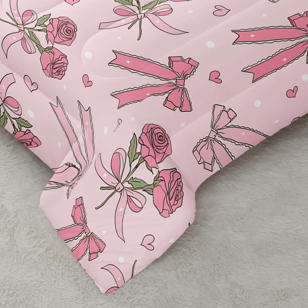 QOOMO 3Pcs Bow Comforter Set Twin,Pink Floral Bedding Set for Teens Boys Girls,Pink Bowknot Printed Comforter with 2 Pillowcases,Down Alternative,Soft and Lightweight