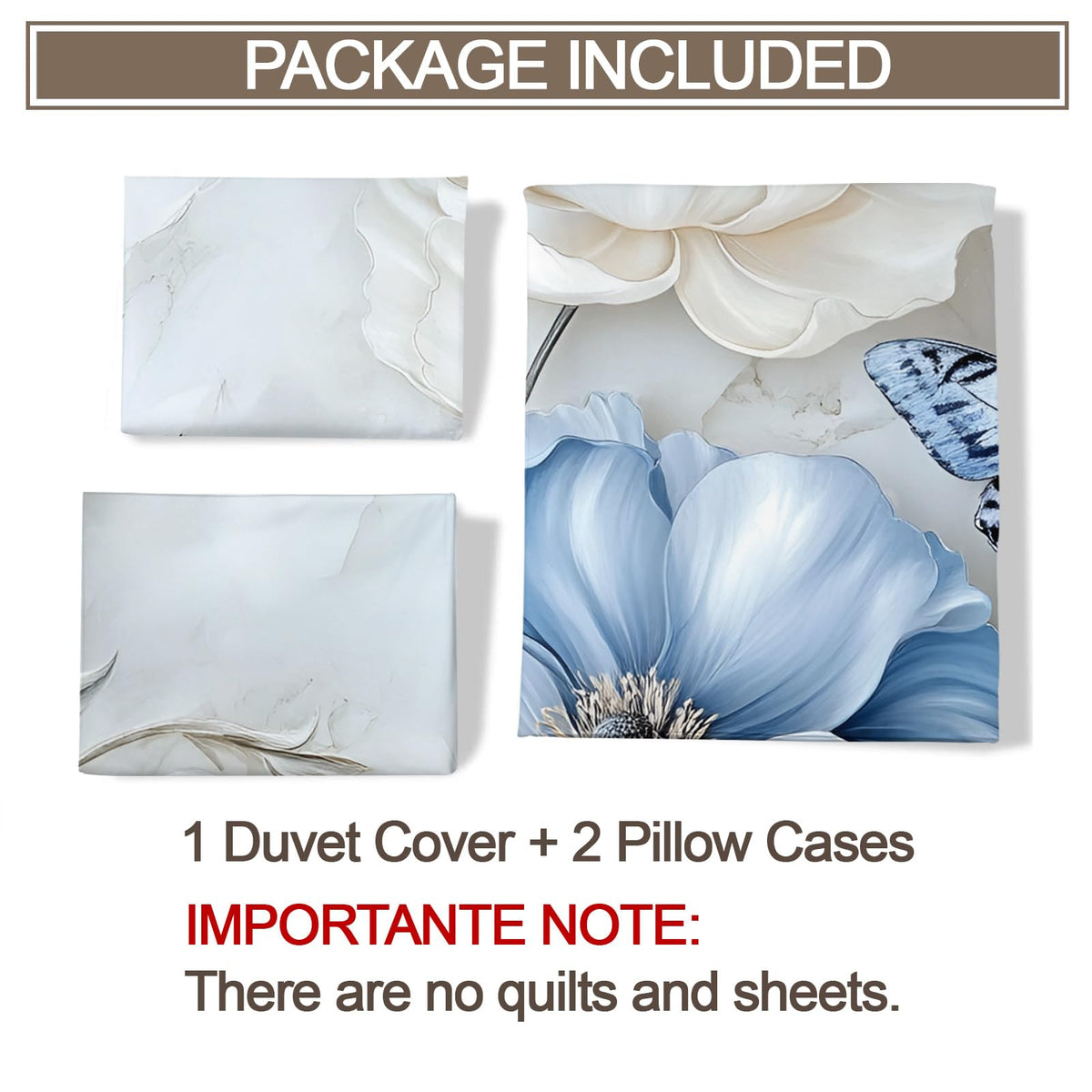 QINYUN 3D Butterfly Duvet Cover King Size, Modern Blue Floral Bedding Set 3 Piece Bedroom Decor Elegant Flowers Comforter Cover with Zipper Ties & 2 Pillowcases