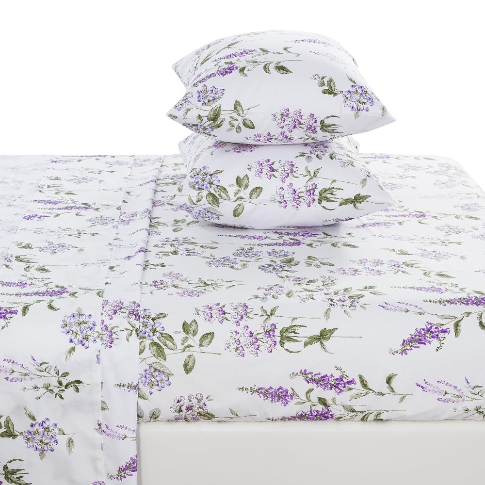 DAUAOTO Twin Size 100% Cotton Sheets Set, Printed Bedding, Up to 14" Deep Mattress, Velvet Purple Floral Pattern Bedlinen, Provence Lavender