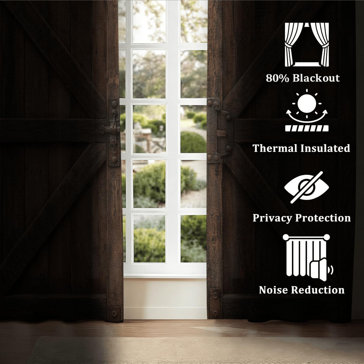 Warm Brown Rustic Barn Door Blackout Curtains, Vintage Wooden Texture Grommet Top Window Drapes, Thermal Insulated Room Darkening Curtains for Bedroom Farmhouse Cabin, 2 Panels Set, 37"W x 63"L