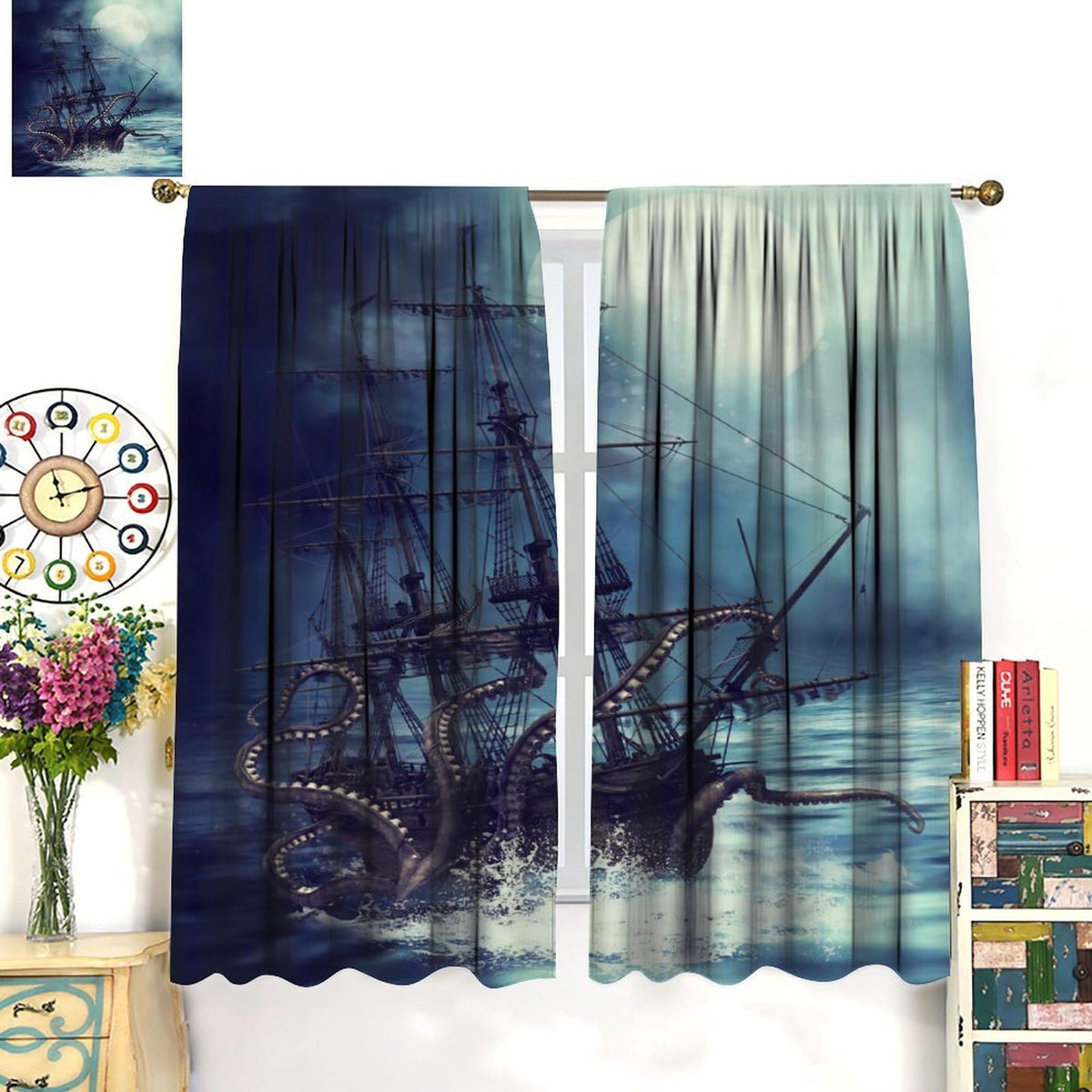 Navy Ocean Curtains, Nautical Sailing Ship Window Drapes for Bedroom Living Room Kitchen, Coastal Beach House Decor, Storm Octopus Theme, 20.5" W x 44.5" L, 2 Panels (No Blackout)