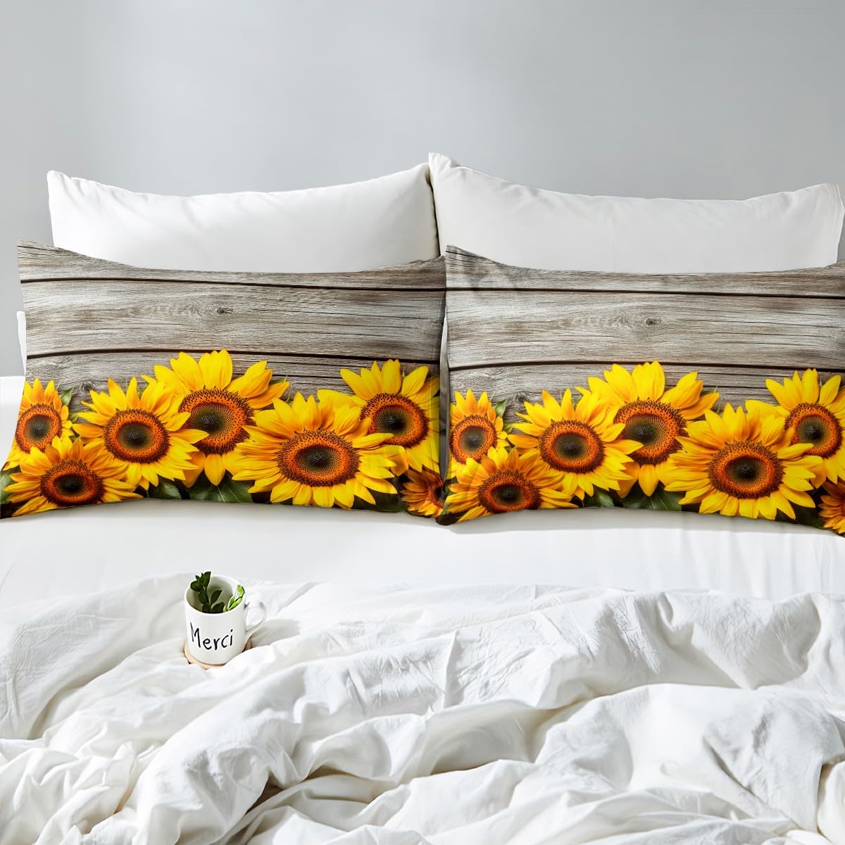 Feelyou Sunflower Duvet Cover Botanical Floral Printed Bedding Set for Kids Women Adults Yellow Blossom Flowers Comforter Cover Wooden Scenes Bedspread Cover Bedroom Collection 3Pcs Full Size