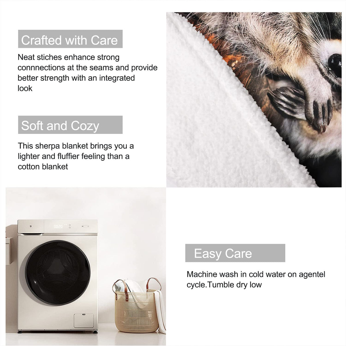XSMEI Raccoon Sherpa Blanket, Animal Print Fleece Throw Blankets for Couch Sofa Bed, Super Soft Warm and Lightweight, 50" x 60"