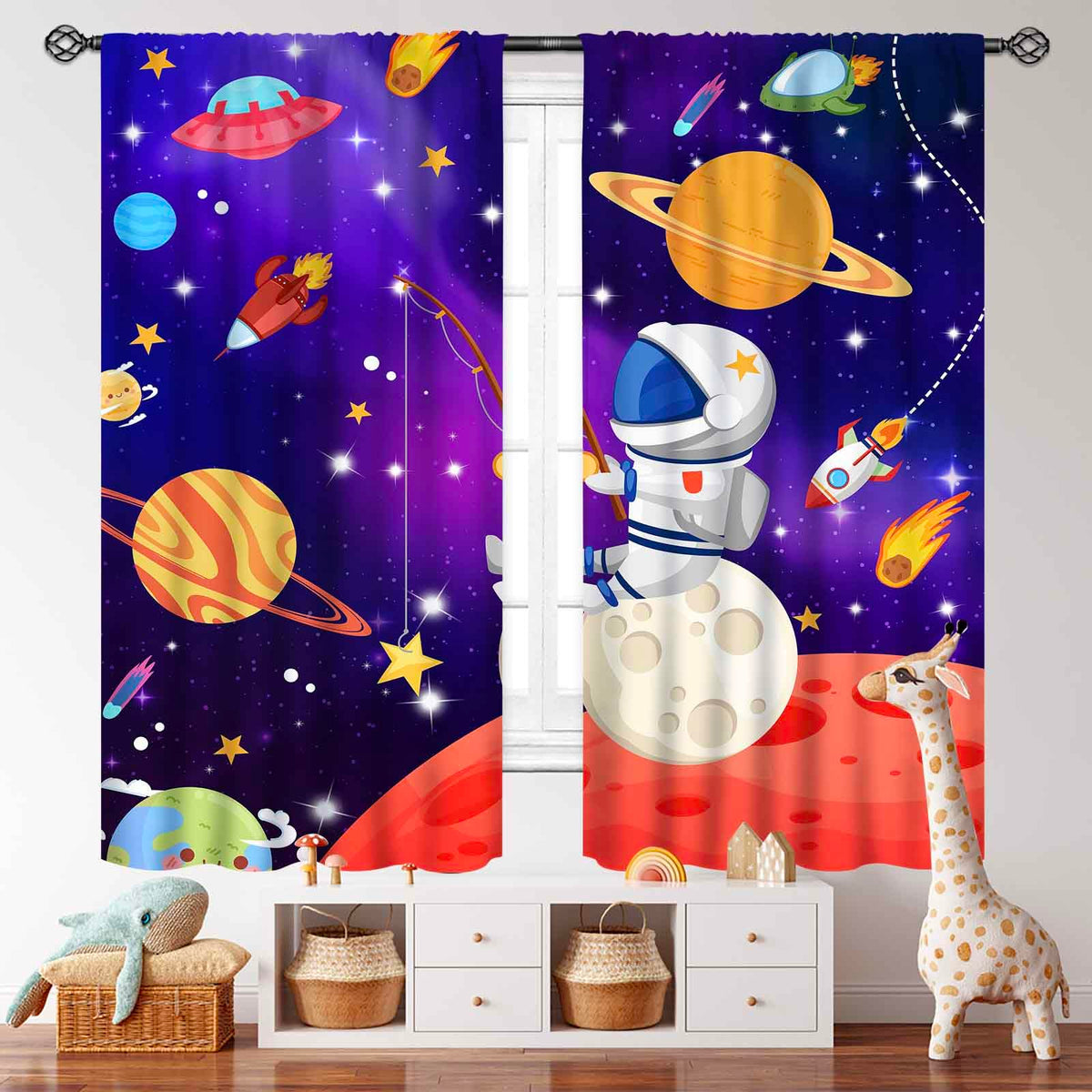 Lnepty Kids Cartoon Space Curtains,Outer Space Universe Solar System Planet Window Curtains for Boys Cartoon Astronaut Galaxy Curtains for Bedroom Nursery 2 Panels,42X45 Inch