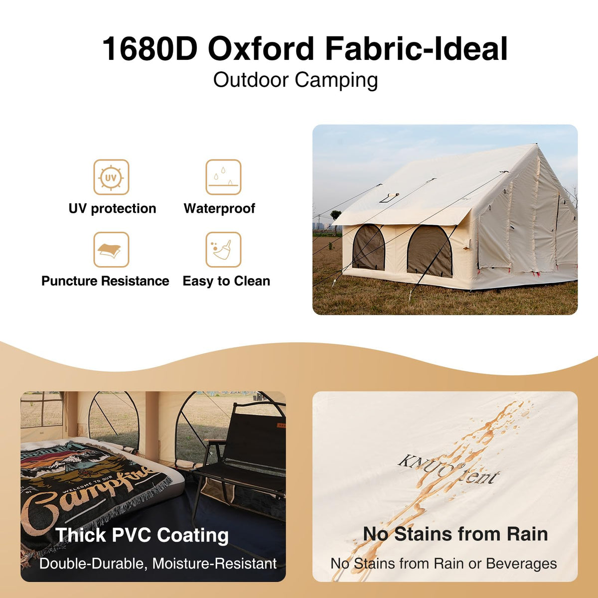 KNUO 2026 Upgraded Waterproof Inflatable Camping Tent for 5-8 People, Large Blow-Up Air Tent, No Assembly Needed Luxury Glamping House, 10x10ft Oxford Fabric, Beige